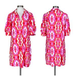 Jude Connally | Geometric Pink Orange Puff Sleeve Shift Mini Dress Medium M
